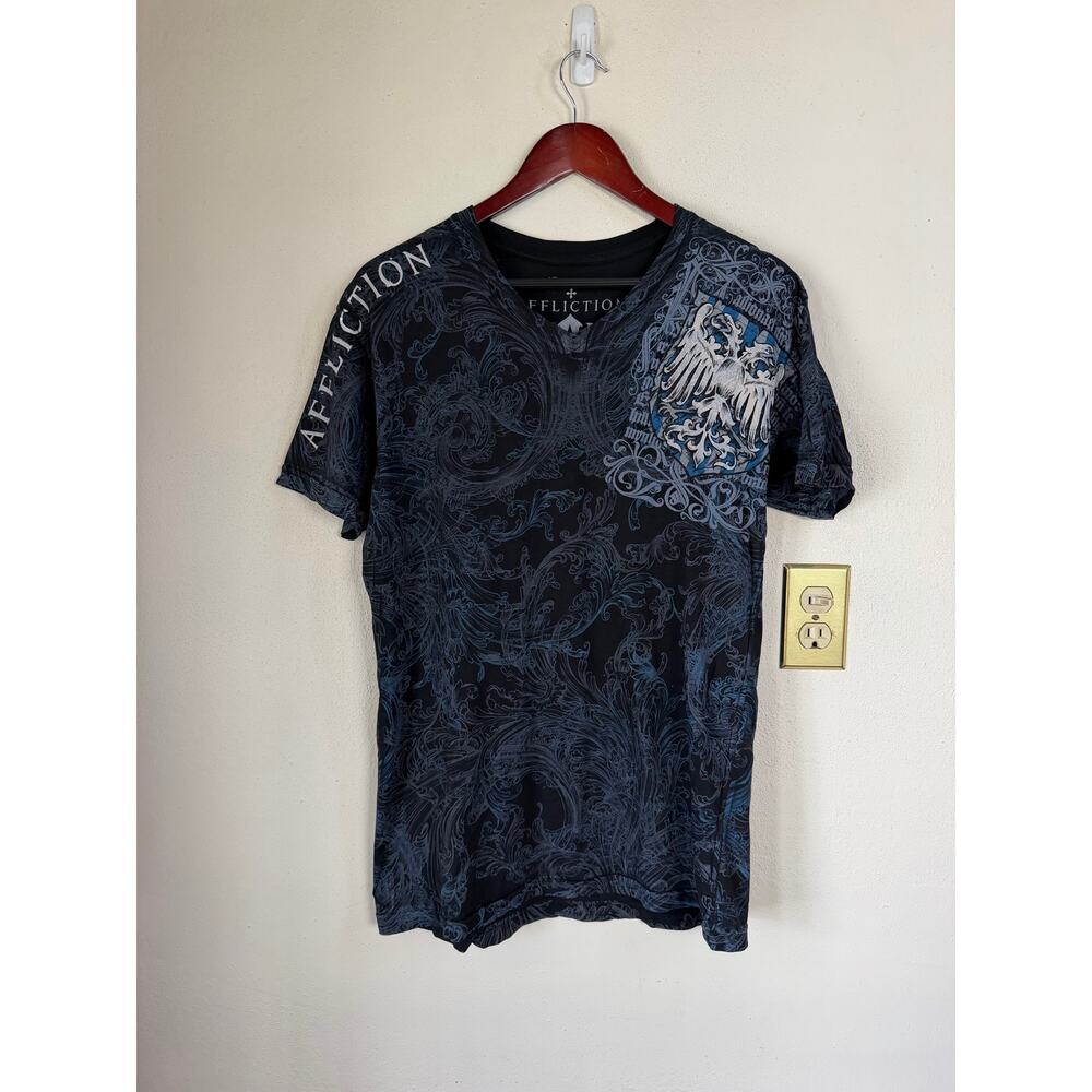 Vintage Y2K Affliction Blue White AOP Short Sleeve T Shirt
